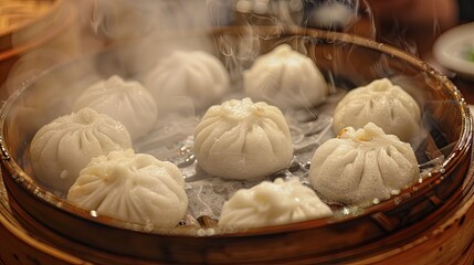 Steamed dumpling in bamboo steamer - obrazy, fototapety, plakaty