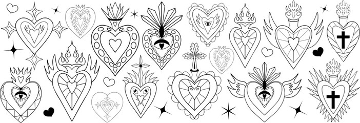 Mexican sacred hearts line icon set, spirit mystical miracles symbol. Heart milagro. Day of the dead Dia de los Muertos holiday. Vector illustration