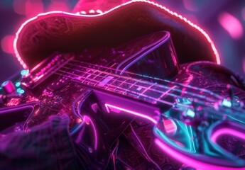 Country singers fuse twangs with Neonpunk visuals, adorned with neon hats and guitars—a blend of old and new - obrazy, fototapety, plakaty