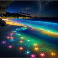 Fototapeta na wymiar Most Beautiful Beach with neon lighted Star Fishes, 4K Wallpaper, Fantasy, fantasy beach, beauty of night, starry night,