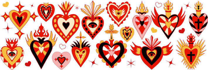Mexican sacred hearts set, spirit mystical miracles symbol. Heart milagro. Day of the dead Dia de los Muertos holiday. Vector illustration