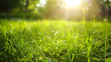 Fresh Green Grass in Sunlight: Vibrant Summer Spring Morning Nature Scene