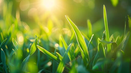 Vibrant Morning Dew: Captivating Macro Shot of Fresh Green Grass in Sunlight