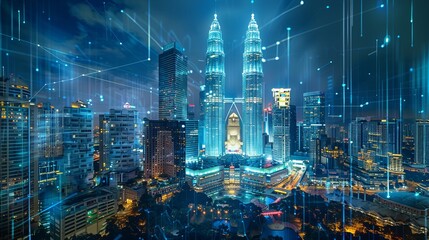 Obraz premium Holographic information flow with a nighttime panorama of Kuala Lumpur's cityscape. The biggest technology hub in Malaysia, Asia, is KL. The notion of scientific programming. Double exposure