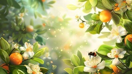 Vibrant Orange Blossom: Stunning Natural Scene with Tree Foliage, Flowers, and Bee in Nature