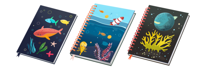 Set of school notebooks, space exploration themes, ocean life illustrations, and forest scenes, isolated on transparent background