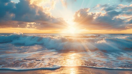 Vibrant Sunset Beach Scene: Colorful Seascape with Sun Rays and Raging Waves.