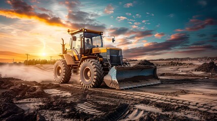 Fototapeta premium Industrial Power in Action: Bulldozer on Construction Site at Sunset. Dramatic Sky, Heavy Machinery Work. AI