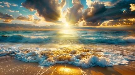 Vibrant Sunset Beach Scene: Colorful Seascape with Sun Rays and Raging Waves.
