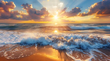 Vibrant Sunset Beach Scene: Colorful Seascape with Sun Rays and Raging Waves.