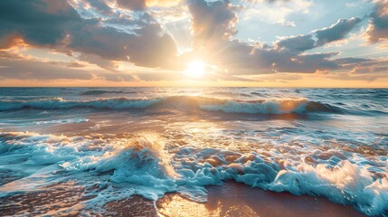 Vibrant Sunset Beach Scene: Colorful Seascape with Sun Rays and Raging Waves.