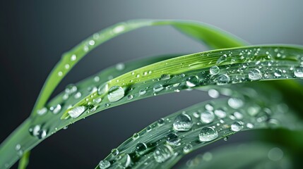 Fresh Dew Drops and Rainwater on Vibrant Green Grass Leaf. Close-up Nature Photography.