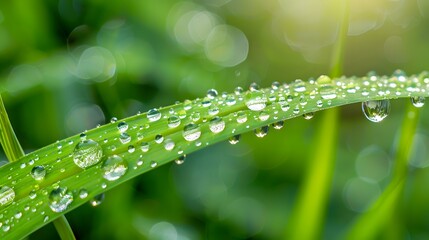 Fresh Dew Drops and Rainwater on Vibrant Green Grass Leaf. Close-up Nature Photography.