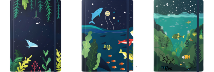 Set of school notebooks, space exploration themes, ocean life illustrations, and forest scenes, isolated on transparent background
