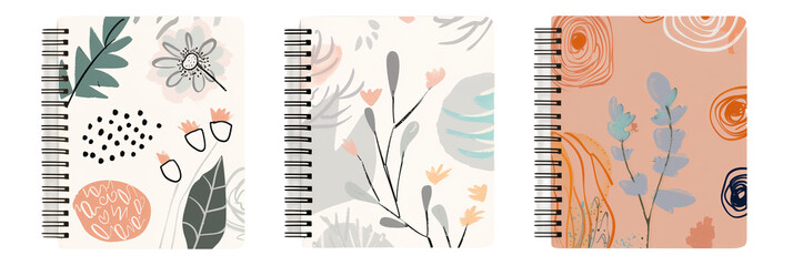 set of different school notebooks, one with a floral design, another with abstract art, and the third featuring eco-friendly materials, isolated on transparent background