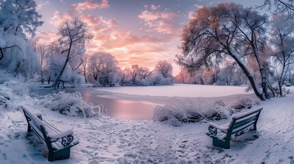 Enchanting Snowscape: Sunset in a Frosty City Park with Snow-Covered Trees and Frozen Pond