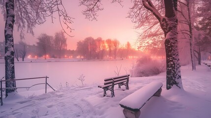 Enchanting Snowscape: Sunset in a Frosty City Park with Snow-Covered Trees and Frozen Pond