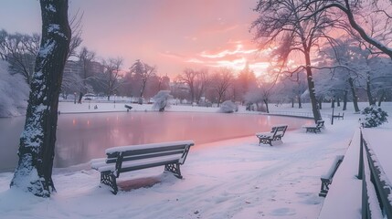 Enchanting Snowscape: Sunset in a Frosty City Park with Snow-Covered Trees and Frozen Pond
