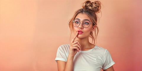 Young woman over isolated biege background with glasses and smiling. Portrait of cheeky and cute glamour blond woman in glasses combed hair and  winking happily showing  gesture as fool - obrazy, fototapety, plakaty