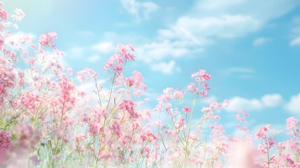 Pastel Spring Blossom: Gentle Floral Background with Pink Fluffy Flowers, Blue Sky, and Soft Sunlight. Nature Border.