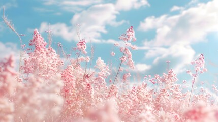 Pastel Spring Blossom: Gentle Floral Background with Pink Fluffy Flowers, Blue Sky, and Soft Sunlight. Nature Border.
