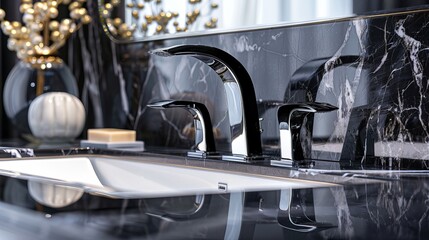 opulent bathroom spray faucet, black marble countertops, and contemporary interior décor