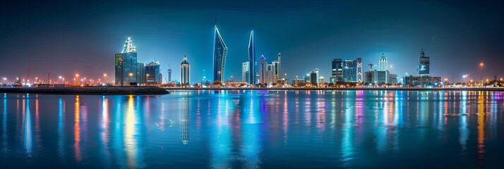 MANAMA, BAHRAIN - Nighttime panorama of the World Trade Center, Bahrain Financial Harbour, and famous buildings in Manama