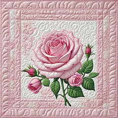 A beautiful quilted large pink rose in full bloom surrounded by smaller rosebuds and green foliage
