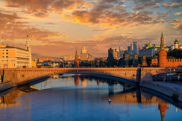 Sunrise view of Moscow Kremlin and Moscow river in Moscow, Russia. Architecture and landmarks of...