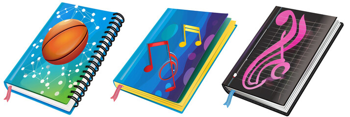 set of different school notebooks, one with a sports theme, another with a science motif, and the third styled with musical notes, isolated on transparent background