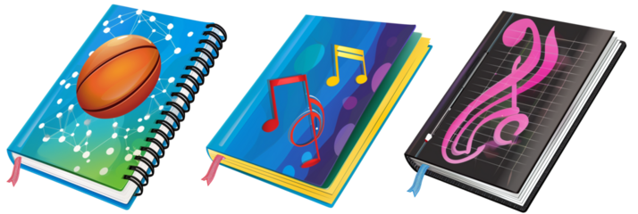 set of different school notebooks, one with a sports theme, another with a science motif, and the third styled with musical notes, isolated on transparent background