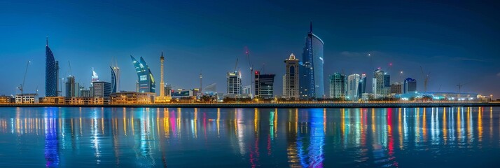 MANAMA, BAHRAIN - Nighttime panorama of the World Trade Center, Bahrain Financial Harbour, and famous buildings in Manama