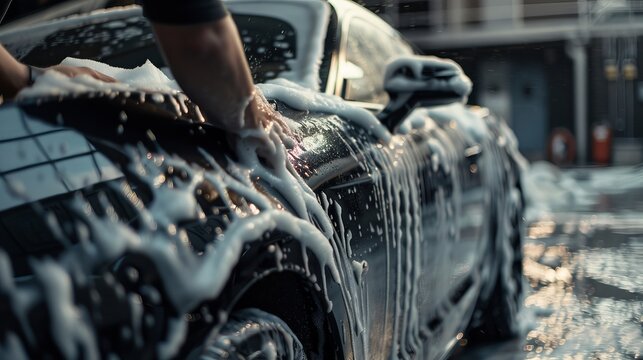 Using a hand cotton duster, a man cleans a black car with soap suds.