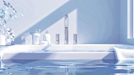 Contemporary Home Bathroom featuring Taps. a residential bathroom with a bathtub, sink, and faucet encircled by furniture. Water Tap.   - obrazy, fototapety, plakaty