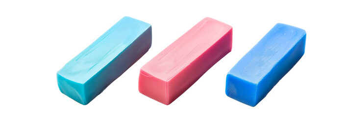 set of different colored erasers, soft and perfect for artists, isolated on transparent background