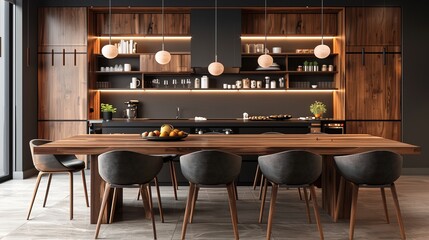 Modern kitchen design featuring a chic wooden table