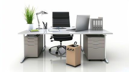 Isolated office with chair, laptop, and other office supplies on a white background