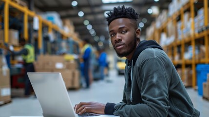 Worker with Laptop in Warehouse