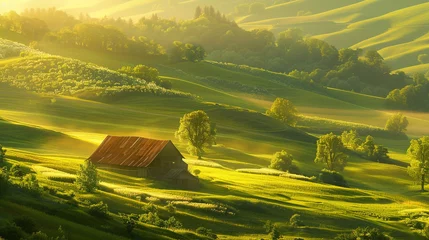  A picturesque countryside scene with rolling hills bathed in golden sunlight, a rustic barn standing amidst fields of vibrant green, evoking a sense of nostalgia and pastoral char © UMAR_ART