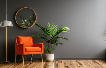 Minimalist interior design of a modern living room with a grey wall, a round mirror and an orange armchair