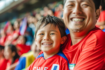 Chilean football soccer fans in a stadium supporting the national team, father and son,  La Roja
