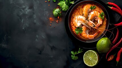 Savory Shrimp Soup in a Dark Bowl on a Black Background, a Gourmet Meal. Fresh Ingredients and Herbs Surround the Dish. Styled Food Photography. AI