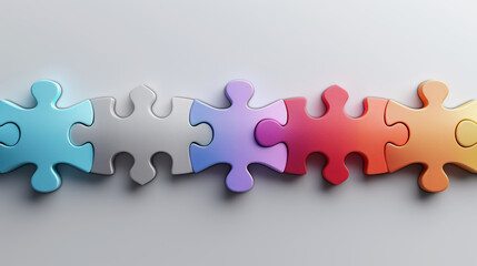 Obraz premium Interlocking puzzle pieces in a row transitioning in color from blue to orange against a gray background.