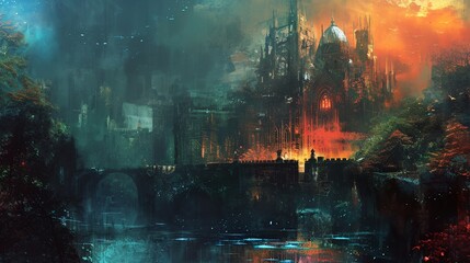 a painting of a castle in a fantasy setting with a river running through it and a bridge in the foreground - obrazy, fototapety, plakaty