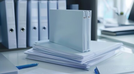 Files and stationery in an Office folder on the table. On a white background.