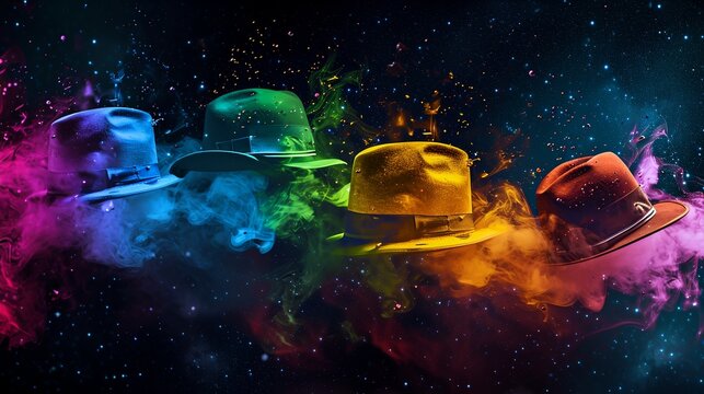 a group of hats with colored smoke in the background