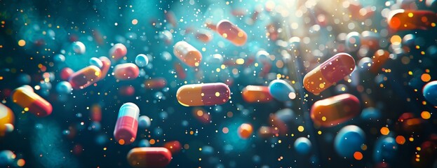 a bunch of pills floating in the air with a blurry background - obrazy, fototapety, plakaty