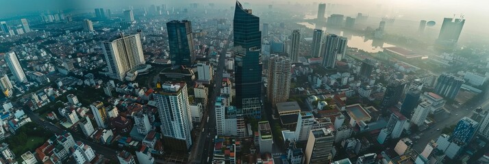 Top view aerial photograph taken with a drone of Bitexco, a developed metropolis featuring business centers and office skyscrapers. Tall buildings in the city of Ho Chi Minh - obrazy, fototapety, plakaty