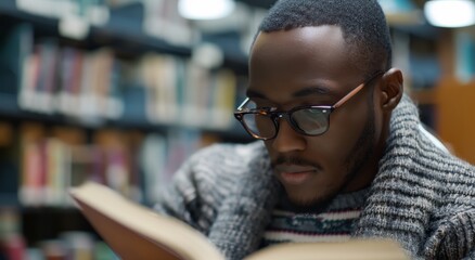 a man reading a book in a library