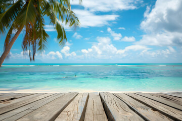 Wooden pier on tropical beach with coconut palm tree and blue sky